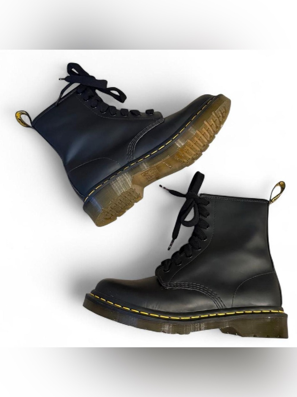Dr. Martens Black Lace-Up Combat Boots with Yellow Stitching